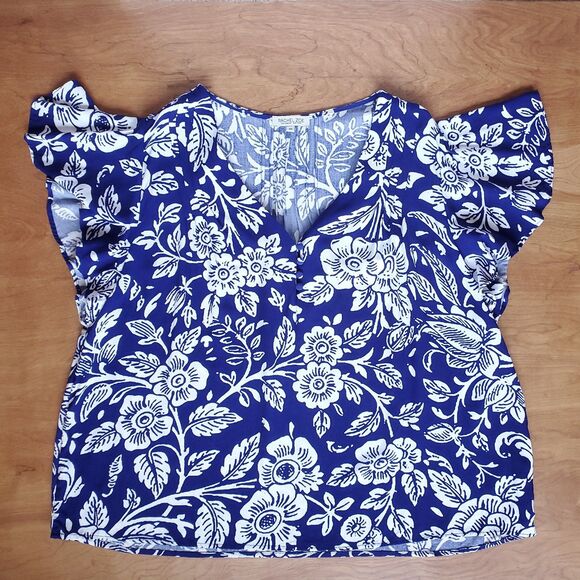 Rachel Zoe Floral Top Womens Plus 2X Blue White V Neck Flutter Cap Sleeve Blouse - Picture 5 of 10
